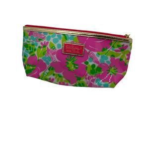 Lilly Pulitzer Estee Lauder pink green floral print zip pouch makeup bag